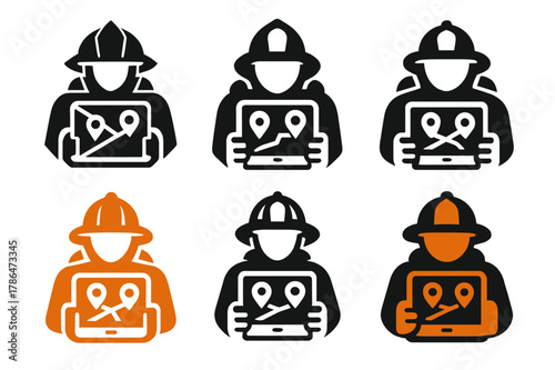 Tech-Savvy Firefighting Icons. Firefighters and emergency services working with technology. Set Logo of firefighters and emergency services working with