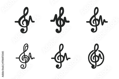 Music Genre Icon Set. Genre blending in music. Icon set. Set Logo of genre blending in music: treble clef intertwined with waveform. harmonious logo variations