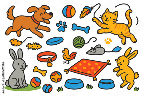 Playful Animals Doodle. animals playing. Colorful Hand-drawn doodle Children illustration animals playing dog, cat, ball, chew toy, yarn, mouse toy, frisbee,