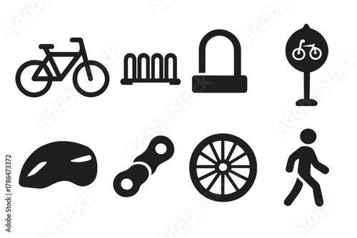 Bike Parking Icons. Bike Parking. Filled icon set of Bike Parking: bicycle, rack, lock, signpost, helmet,