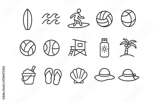 Surfing Beach Icon Set. Surfing and beach sports. Line icon set of surfing and beach sports: surfboard, waves, surfer, beach ball, volleyball, lifeguard tower,