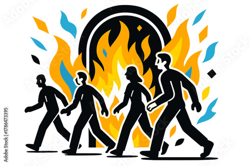 Silhouettes and Fiery Gates. Figures Walking Towards Fiery Gates. Close-up of silhouettes walking toward glowing fiery gates with floating abstract geometric