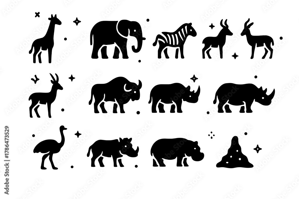 Obraz premium Savanna Herbivore Icons. Savanna Herbivores. Solid icons set of Savanna Herbivores: giraffe, elephant, zebra, antelope, gazelle, wildebeest, buffalo, rhino,