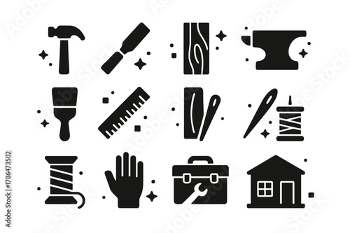 Craftsmanship Tools Icons. Craftsmanship Essentials. Solid icons set of Craftsmanship Essentials: hammer, chisel, saw, anvil, paintbrush, ruler, wood plank,