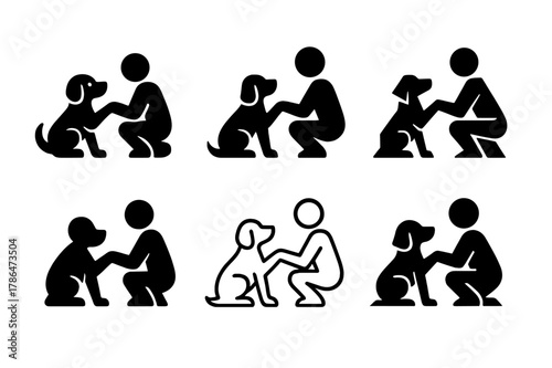 Puppy Training Logos. Pet training and obedience classes. Set Logo of Pet training and obedience classes: puppy offering paw to trainer. Icon set. harmonious