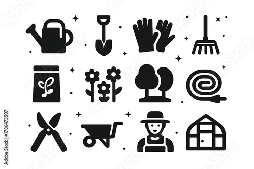 Gardening Tools Icons. Gardening. Solid icons set of gardening: water can, shovel, gloves, rake, seeds, flowers, trees, garden hose, pruning shears,