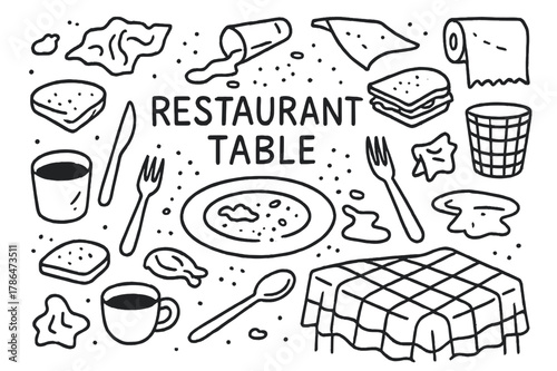Messy Restaurant Table. Restaurant Table. Hand-drawn doodle illustration Restaurant Table crumpled napkin, plate, fork, knife, spilled drink, crumbs, coffee