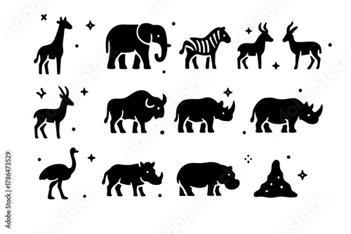 Savanna Herbivore Icons. Savanna Herbivores. Solid icons set of Savanna Herbivores: giraffe, elephant, zebra, antelope, gazelle, wildebeest, buffalo, rhino,