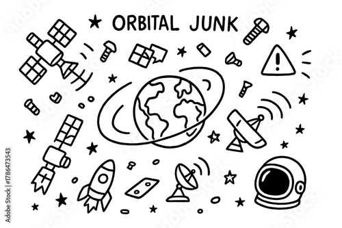 Space Debris Doodle. Orbital junk. Hand-drawn doodle illustration orbital junk satellites, bolts, metal plates, rocket parts, Earth orbit, radar dish, warning