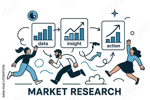 Dynamic Market Insights. Pitch Deck ? Market Research. Minimal charts rise on floating cards; arrows connect ?data > insight > action.? Caption ?know your