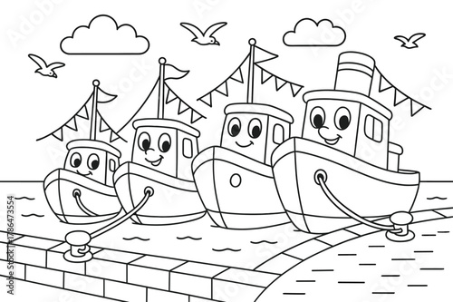 Friendly Cartoon Boats. Boats at the quay children?s coloring book illustration, outlined drawing, friendly cartoon boats tied to a stone embankment with flags