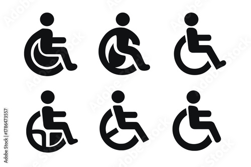 Assistive Technology Icons. Audience Accessibility. Set Logo of Assistive Technology Icon: Filled silhouette, Abstract geometric, Negative space, Symmetrical