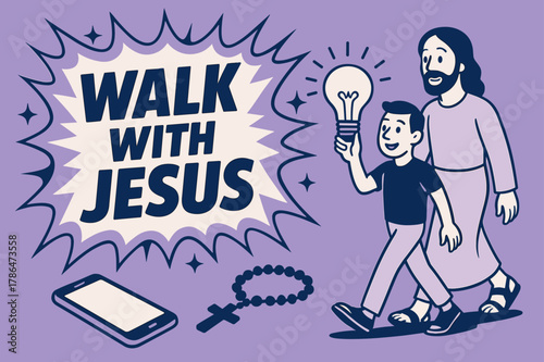 Walk with Jesus. Walk with Jesus banner, flat vector illustration, bold oversized text inside comic burst banner, cartoon characters walking and holding a