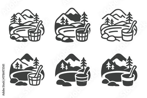 Serene Spring Logo Set. A hot spring bath with a natural, serene landscape around it. Icon set. Set Logo of A hot spring bath with a natural, serene landscape