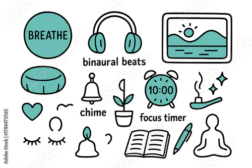 Mindfulness Tools Doodle. // Mindfulness & meditation tech. Hand-drawn doodle illustration mindfulness & meditation tech [breath pacing circle (accented),