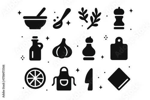Culinary Icons Grid. Culinary Crafting. Solid icons set of Culinary Crafting: mixing bowl, spoon stirring, spices, herbs, olive oil bottle, garlic clove,