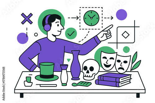 Organized Stage Props. Prop management. A table with neatly arranged props, stage manager pointing while