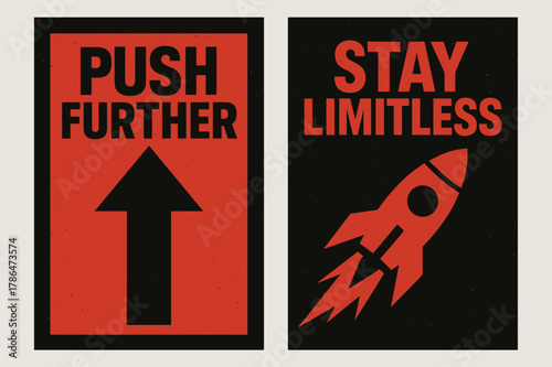 Brutalist Motivational Banners. Push further. Two vertical A6 banners with safe margins, centered composition, no elements touching edges, brutalist, black and
