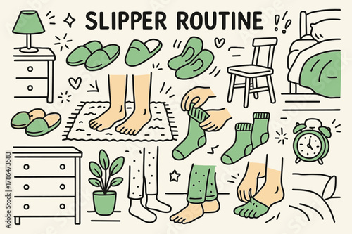 Cozy Slipper Moment. Slipper routine. Hand-drawn doodle illustration slippers (colored), feet (colored), hands (colored), socks (colored), chair (colored),