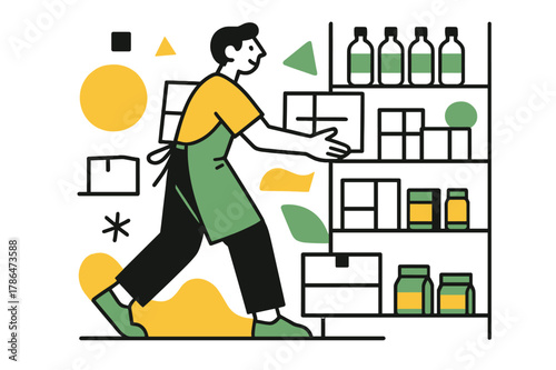Efficient Store Restocking. Restocking Supplies. Employee arranging boxes and products on store shelves with floating abstract geometric shapes, efficient and