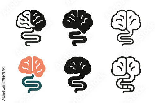 Brain-Gut Axis Icons. The connection between the brain and chronic illness. Icon set. Set Logo of The connection between the brain and chronic illness: