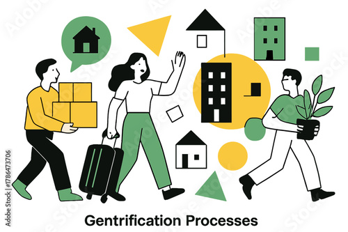 Modern Gentrification Scene. Gentrification Processes. People moving into renovated apartments with floating abstract geometric shapes and building icons,
