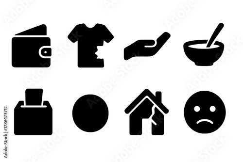 Poverty Icon Set. Poverty. Filled icon set of poverty: empty wallet, torn clothes, begging hand, soup bowl,