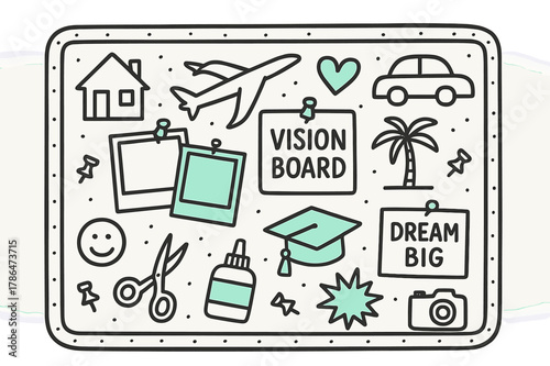 Doodle Vision Board. // Vision board. Hand-drawn doodle illustration vision board [pin board (accented), photo frames (accented), house sketch, airplane, palm