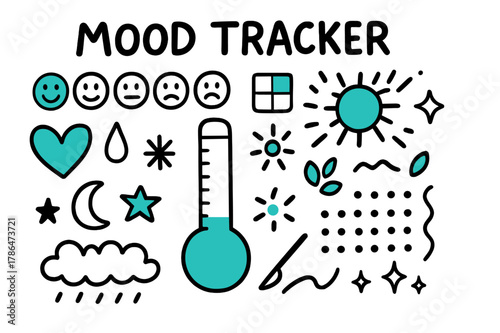 Hand-Drawn Mood Tracker. // Mood tracker. Hand-drawn doodle illustration Mood tracker [emoji row (accented), color key swatch (accented), thermometer style