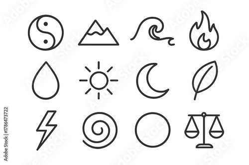 Nature Balance Icons. Nature equilibrium. Line icon set of nature equilibrium: yin-yang symbol, mountain, ocean wave, fire, water, sun, moon, leaf, lightning