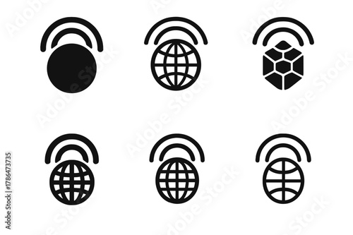 Podcast Globe Icons. The rise of podcasts and their cultural impact. Set Logo of globe with broadcast arcs: Filled silhouette, Stylized detail, Iconic shape,