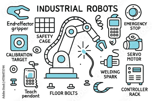 Industrial Robot Doodle. // Industrial robots. Hand-drawn doodle illustration Industrial robots [robotic arm (accented), end effector gripper (accented),
