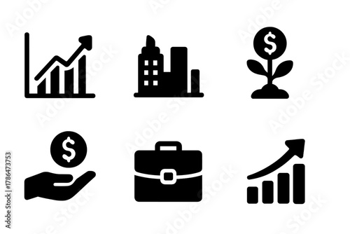 Economic Growth Icons. Economic growth. Filled icon set of economic growth: rising graph, dollar sign, city