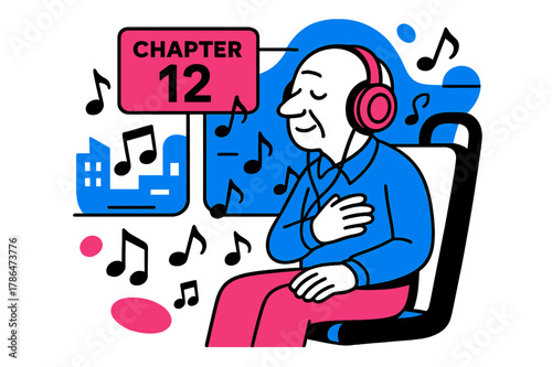 Audiobook Journey. Old age ? Bus ride with audiobook. Over-ear headphones pulse softly; city blocks slide by as musical notes orbit the seat. A floating badge