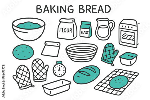 Baking Essentials Doodle. // Baking bread. Hand-drawn doodle illustration Baking bread [mixing bowl (accented), flour bag, yeast packet (accented), water jug,