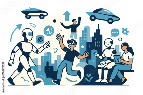 Futuristic Tech Cityscape. ENTER to Technology. Robots and artificial intelligence taking over, futuristic cityscape with flying cars, humans interacting with