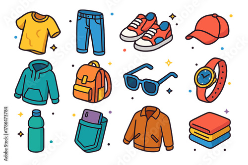 Casual Outfits Icons. Everyday casual outfits. Colorful isometric vector icons set of Everyday casual outfits: worn T-shirt, denim jeans, sneakers, baseball