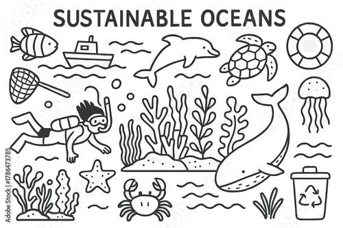 Sustainable Oceans Doodle. Sustainable Oceans. Hand-drawn doodle illustration Sustainable Oceans coral reef, fish, dolphin, turtle, whale, crab, starfish,