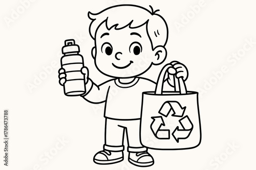 Eco-Friendly Fun. Eco-friendly packaging children?s coloring book illustration, outlined drawing, a picture of a child holding a reusable bag and a refillable