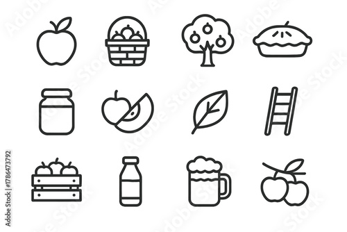 Apple Harvest Icons. Apple harvest. Line outline icon set of apple harvest: apple, basket, tree, pie, jar,