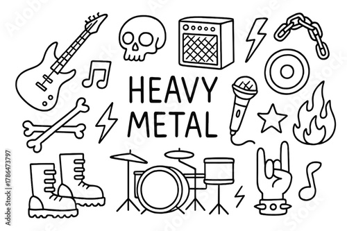 Heavy Metal Icons. Heavy metal music. Hand-drawn doodle illustration heavy metal music electric guitar, skull, lightning bolt, amplifier, speaker, drum set,