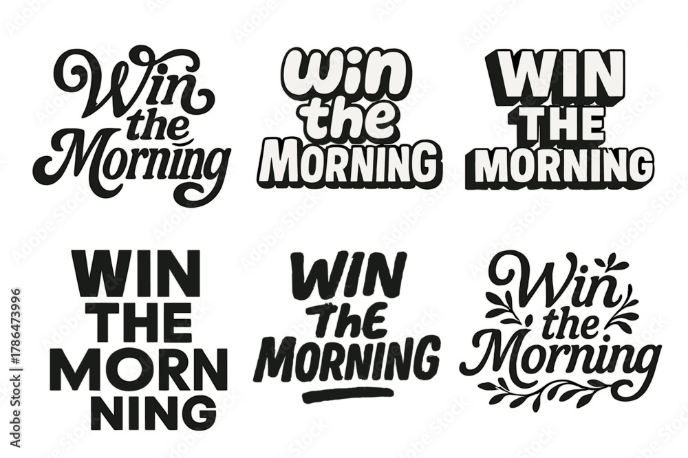Fototapeta premium Harmonious Morning Lettering. Win the morning. Set lettering. harmonious lettering variations of the same emblematic concept, each with different artistic