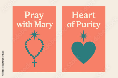 Devotional Banners. Devotion. Two vertical A6 banners with safe margins, centered composition, no elements touching edges, modern, coral and teal, rosary