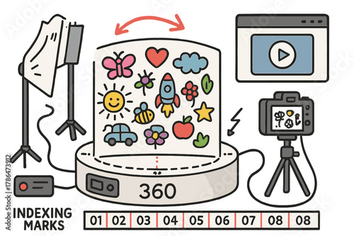 Spin Doodle. spin imagery. Colorful Hand-drawn doodle Children illustration spin imagery motorized turntable, indexing marks, tripod, continuous lights, light