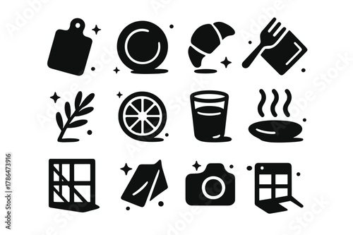 Window Light Cuisine. Window Light on Food. Solid icons set of Window Light on Food: cutting board, plate, pastry, fork, linen napkin, herb sprig, citrus