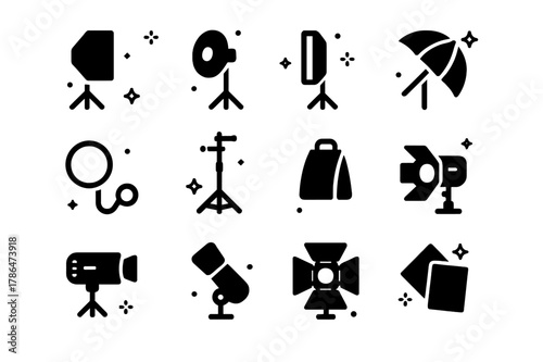 Studio Lighting Icons. Studio Lighting for Fashion. Solid icons set of Studio Lighting for Fashion: softbox, beauty dish, strip light, umbrella, reflector,