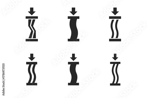 Structural Load Logo Variations. Structural load diagram. Icon set. Set Logo of Structural load diagram: column under axial load with buckling shape.