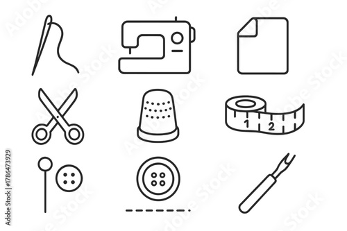 Sewing Tools Icon Set. Seam. Line icon set of seam: needle, thread, sewing machine, fabric fold, scissors, thimble, measuring tape, pin, button, stitch line,