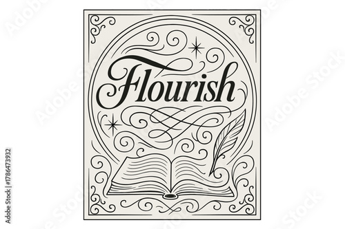 Flourish Lettering Design. Book Cover ? Flourish Lettering; classic high-contrast serif with medium swashes and tidy curls; circular crest composition with