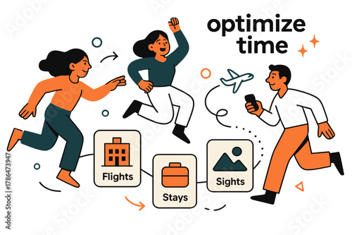 Trip Planning Magic. AI Assistants ? Trip Planner. Cards for flights, stays, and sights snap into a smooth itinerary line; a tiny plane follows the path.